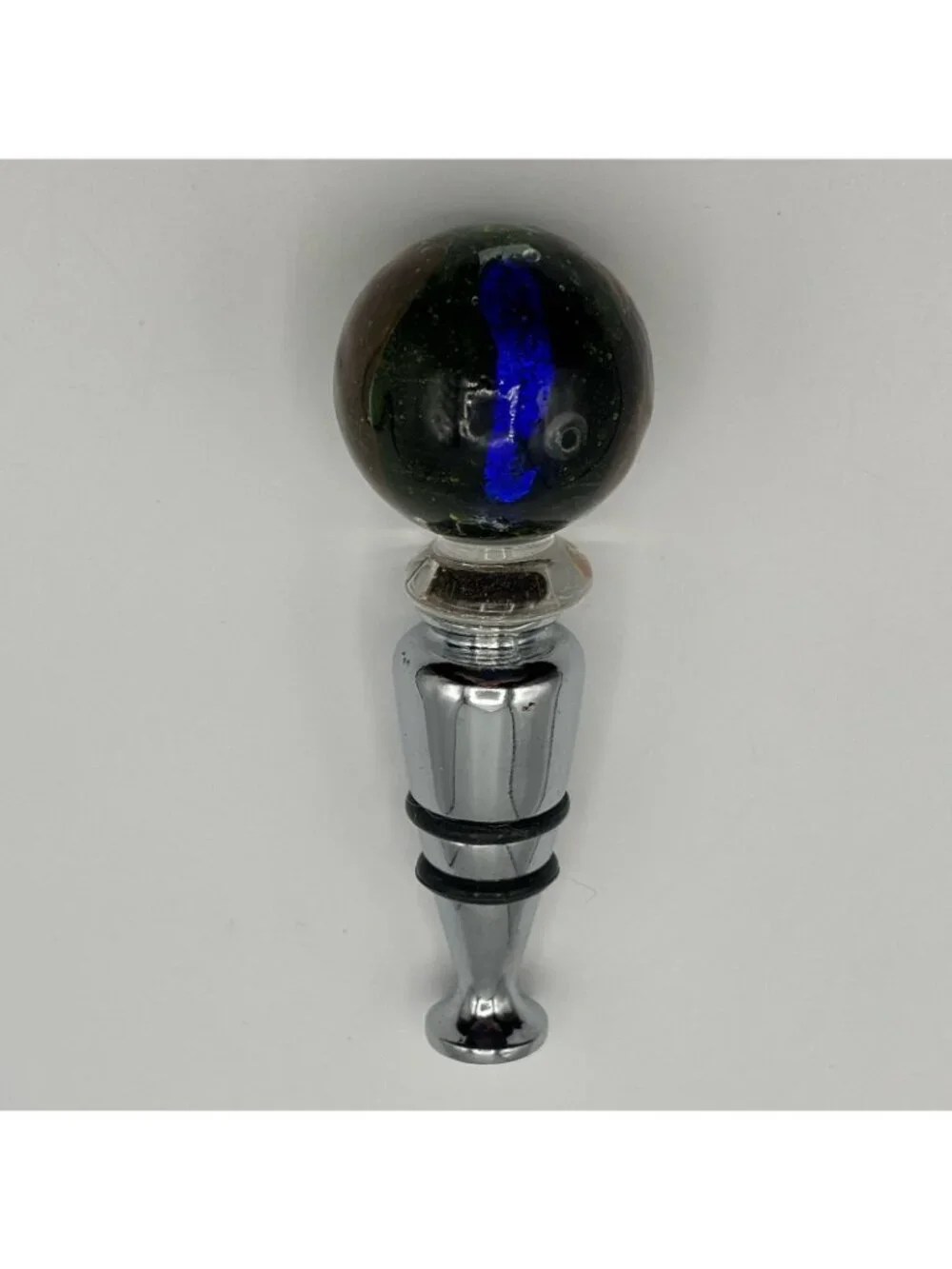 Art Glass Wine Bottle Stopper Topper Green Ball Glossy Bubbles Gold Blue Striped